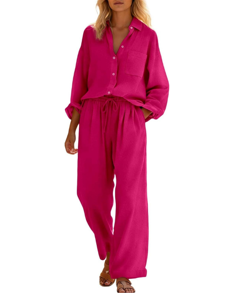 Conjunto completo Belinda para mujer de lino y algodón: dos piezas curvy con hombros caídos