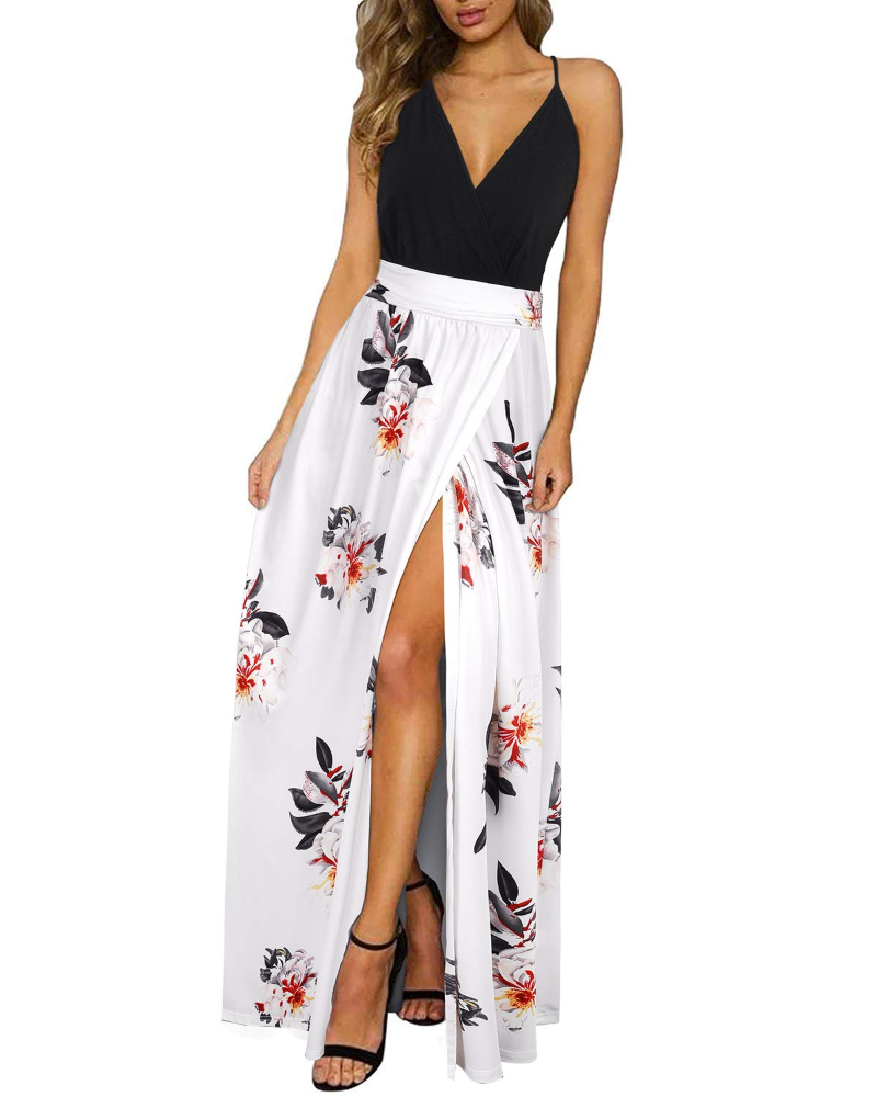 Savannah Damen-Maxikleid – Blumenmuster, V-Ausschnitt, verstellbare Träger und Schlitze