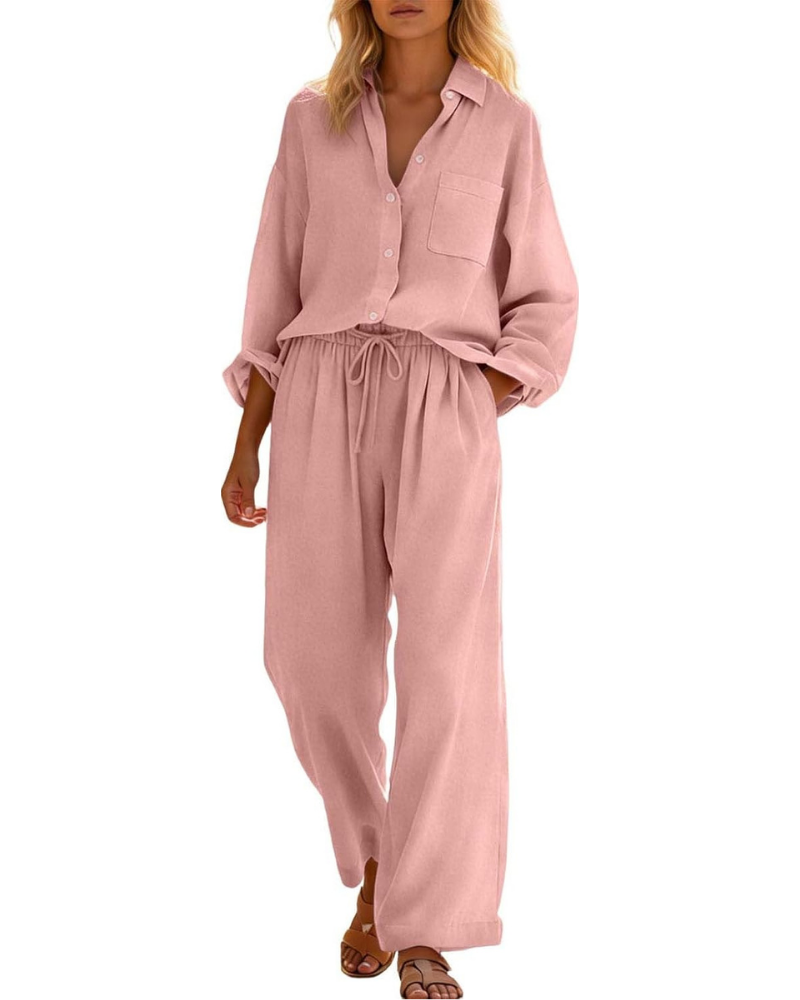 Conjunto completo Belinda para mujer de lino y algodón: dos piezas curvy con hombros caídos