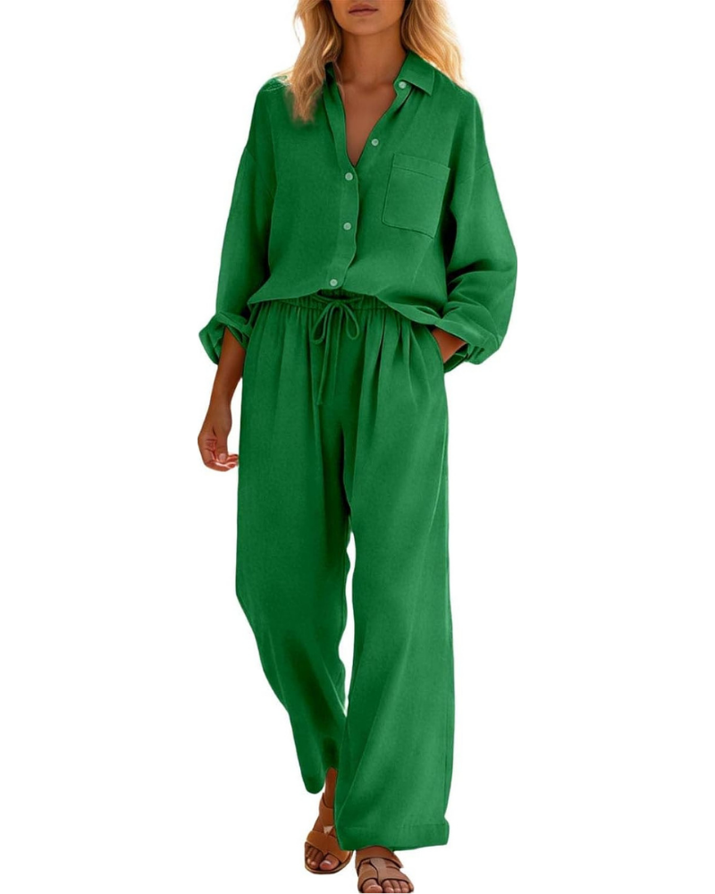 Conjunto completo Belinda para mujer de lino y algodón: dos piezas curvy con hombros caídos