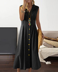 Rochie de vară de damă Phoebe – bumbac și in, fără mâneci, cu nasturi și stil boho
