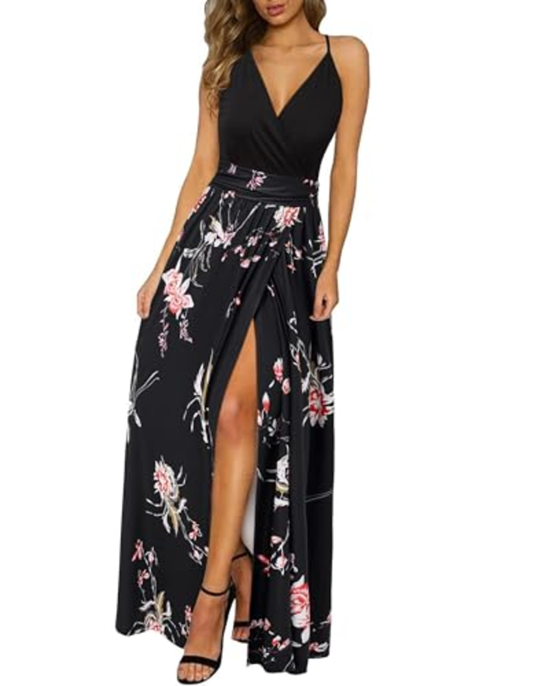 Robe longue femme Savannah – imprimé floral, col en V, bretelles réglables et fentes