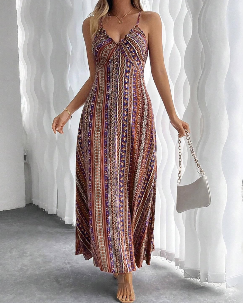Maisie Damen-Maxikleid – V-Ausschnitt, Boho-Ethno-Print und ärmelloses Design