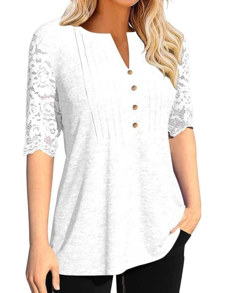 Megan Damen-Sommerbluse – V-Ausschnitt, Falten, Knöpfe und Spitzendetails