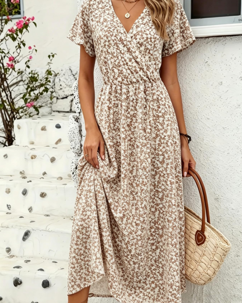 Raven Damen-Maxikleid – V-Ausschnitt, kurze Ärmel und dehnbarer Stoff