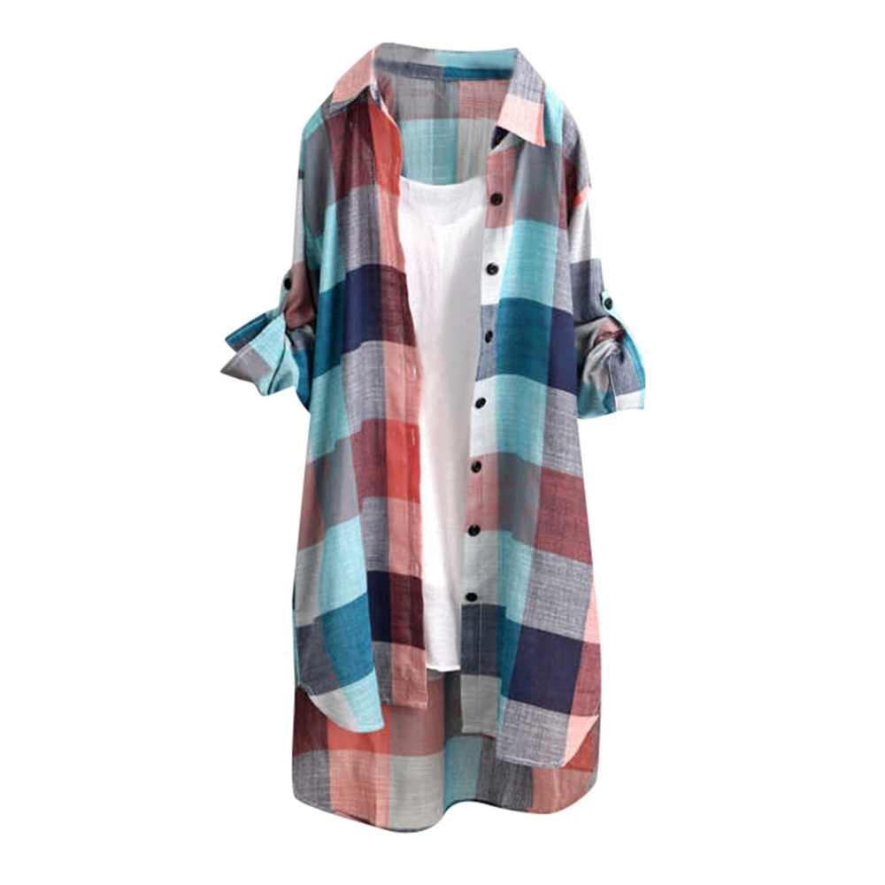Josephine Camicia Donna in Lino – Fantasia a Quadri, Maniche Lunghe e Taglio Oversize