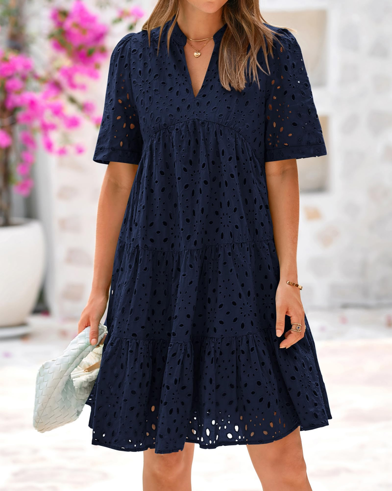 Madeline Abito Mini Damen – V-Ausschnitt, Lochstickerei und Babydoll-Schnitt