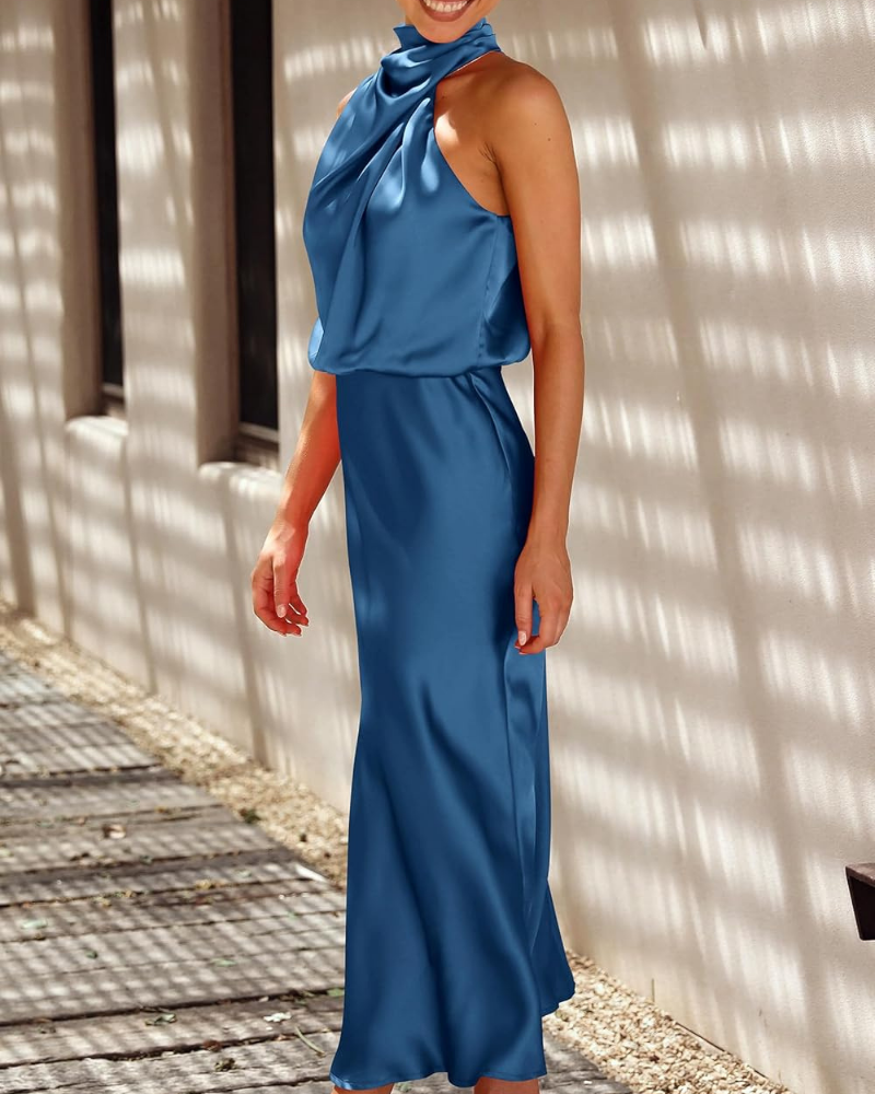 Vestido largo Camille para mujer de satén: cuello alto, sin mangas y dobladillo asimétrico