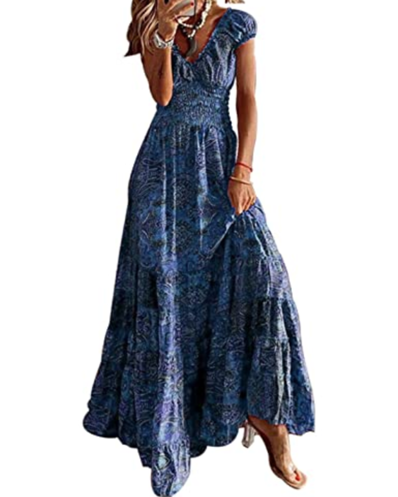 Rochie maxi de damă Keira – imprimeu floral boho, decolteu în V și talie elasticizată