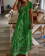 Robe longue pour femme Rosalie – Encolure en V, manches courtes, tissu extensible et style resort
