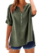 Daphne Camiseta de mujer – Lino y algodón, escote en V, botones y mangas cortas