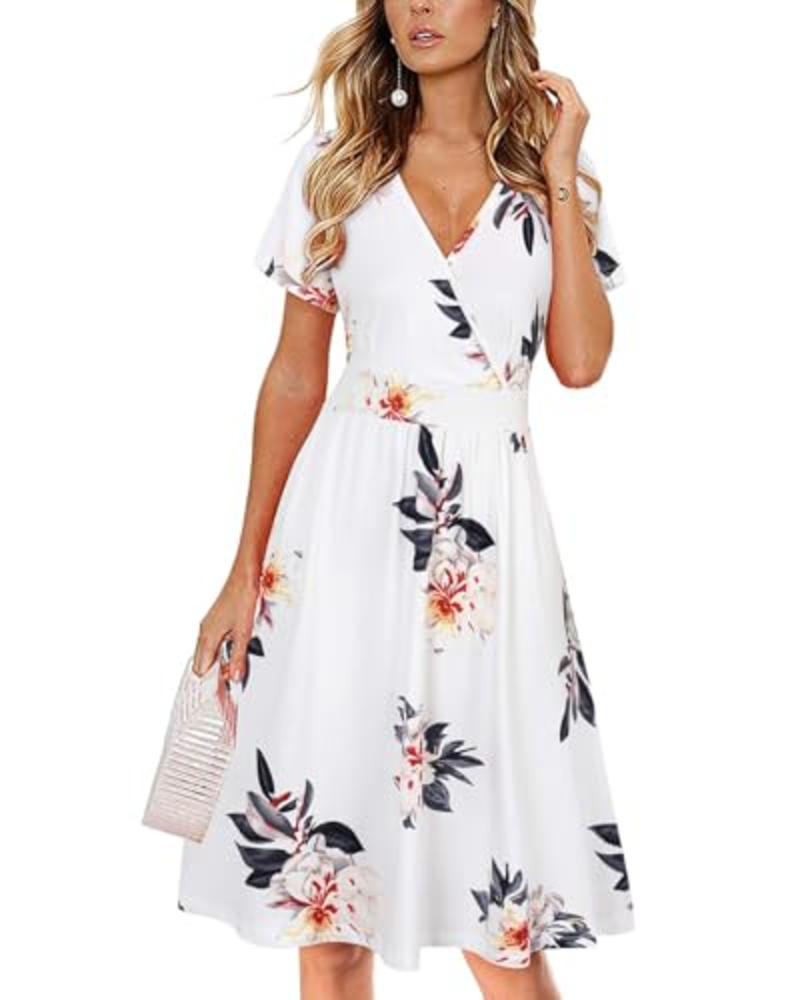 Aveline Abito Midi Donna – Portafoglio, Scollo a V, Vita Pieghettata e Tasche