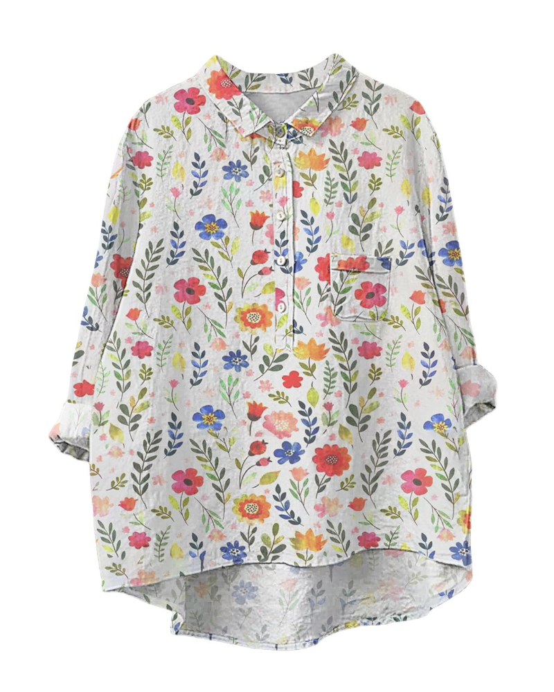 Judith Curvy-dameskjorte – bomuld og hør, blomstermønster, knapper og lange ærmer