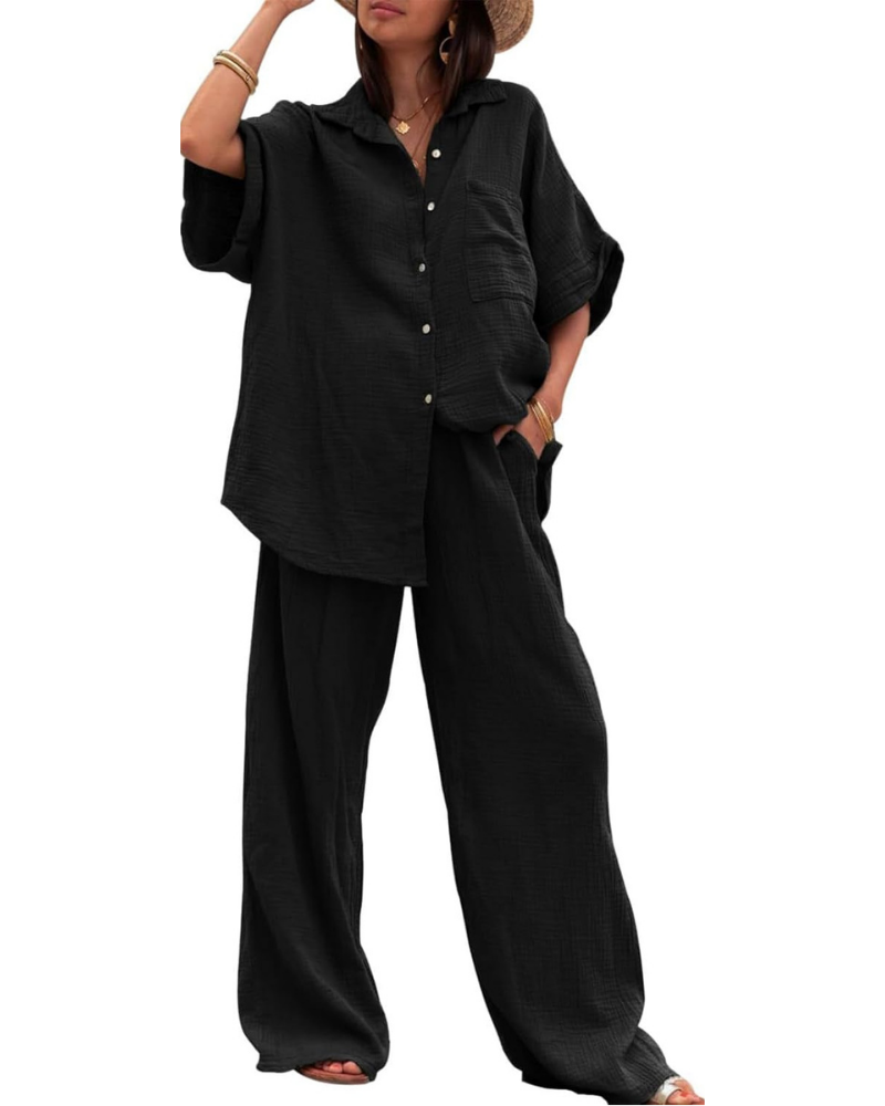 Conjunto completo de verano para mujer Imogen: camisa con botones y pantalones palazzo con bolsillos