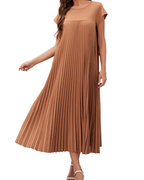 Kinley Maxi-Kleid für Damen – Plissee, Rundhalsausschnitt, einfarbig und mit Seitentaschen