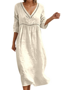 Georgia Robe Longue Femme – Coton, Col en V, Manches 3/4 et Style Bohème Chic