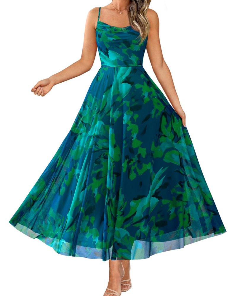 Sophia Abito Maxi Mujer – Vestido floral de malla con escote drapeado y tirantes