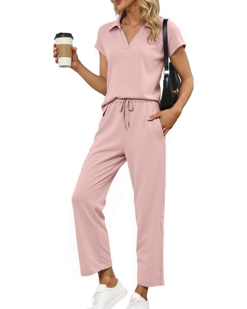 Lillian Komplettes Damen-Sommeroutfit – Oberteil mit V-Ausschnitt und weite Hose mit Taschen