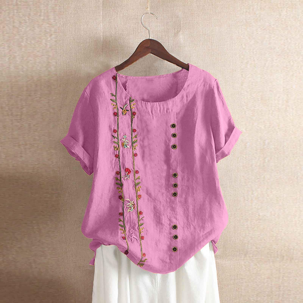 Rosalind T-shirt til kurvede kvinder – blomstret print, korte ærmer og løs pasform