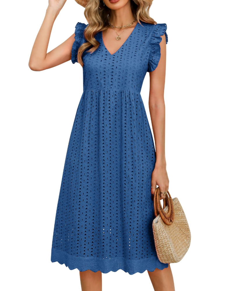 Lennox Abito Midi Donna – 100% Cotone, Scollo a V, Maniche a Volant e Tasche