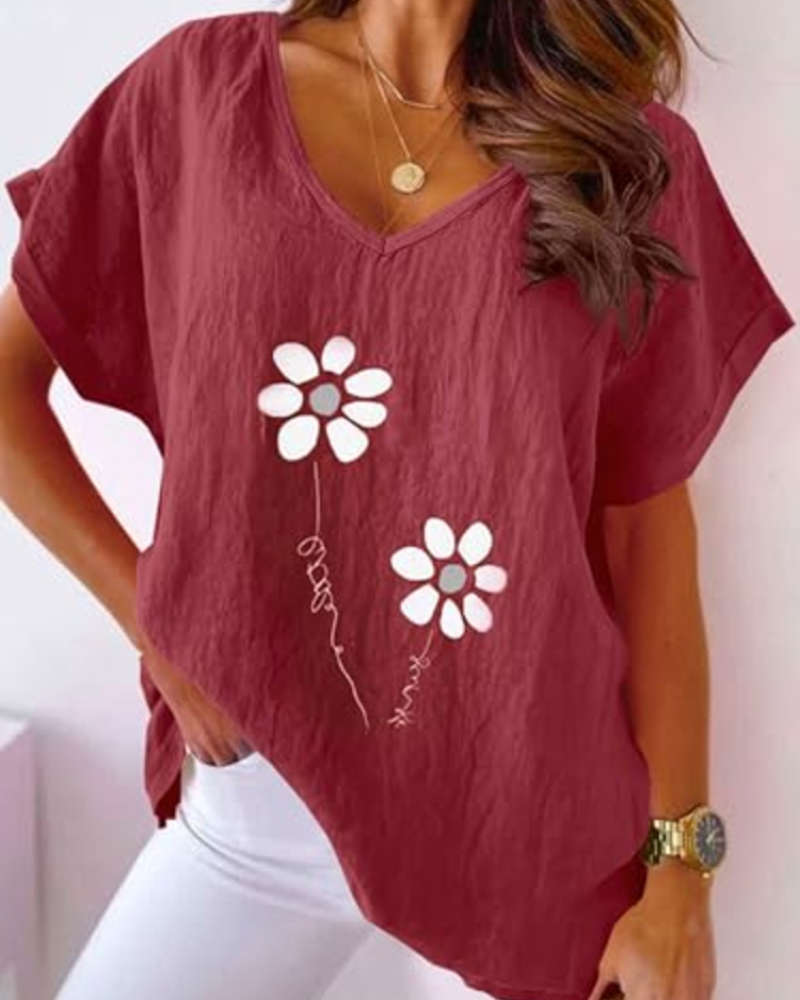 Gemma Camiseta de Mujer – Cuello en V, Estampado de Margaritas y Manga Corta