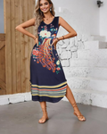 Emberly Abito Maxi Donna – Stampa Pavone Floreale, Scollo a V e Linea ad A