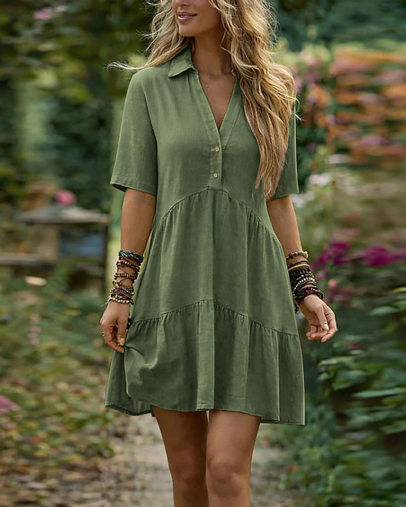 Courtney Vestido mini para mujer – Mezcla de lino, escote en V, botones y corte holgado