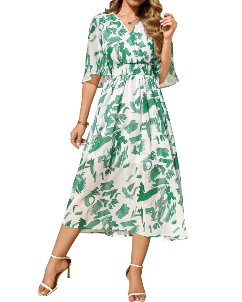 Cambria Abito Maxi Donna Floreale – Scollo a V, Vita Elasticizzata e Maniche Corte