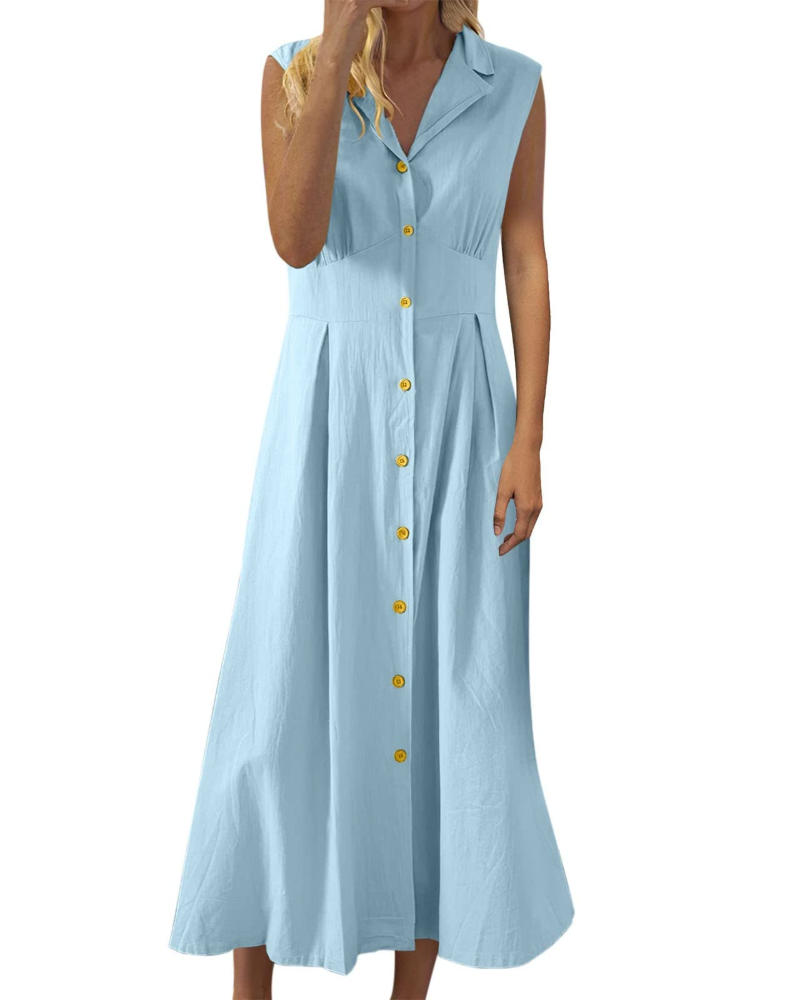 Phoebe Sommerkleid für Damen – Baumwolle und Leinen, ärmellos, mit Knöpfen und Boho-Stil