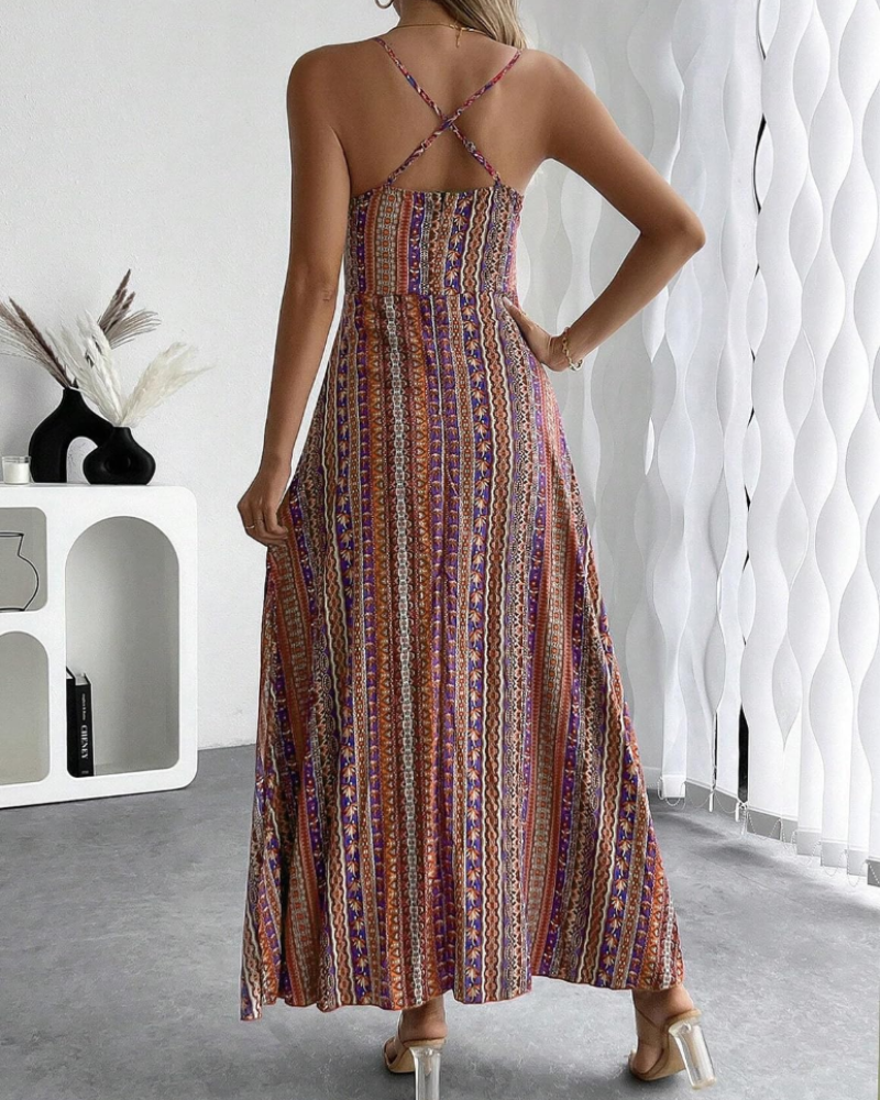 Maisie Damen-Maxikleid – V-Ausschnitt, Boho-Ethno-Print und ärmelloses Design