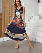Emberly Abito Maxi Donna – Stampa Pavone Floreale, Scollo a V e Linea ad A