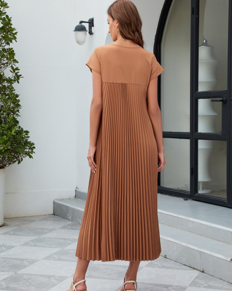 Kinley Maxi-Kleid für Damen – Plissee, Rundhalsausschnitt, einfarbig und mit Seitentaschen