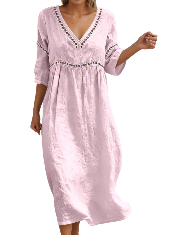 Georgia Women's Long Dress – Cotton, V-Neck, 3/4 Sleeves, and Boho-Chic Style