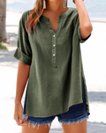 Daphne Camiseta de mujer – Lino y algodón, escote en V, botones y mangas cortas