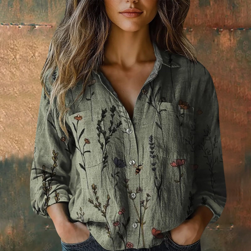 Gwendolyn Blusa Donna – Scollo a V, Bottoni, Maniche Lunghe e Stampa Floreale