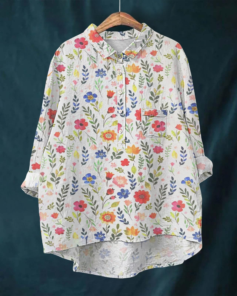 Judith Curvy-dameskjorte – bomuld og hør, blomstermønster, knapper og lange ærmer