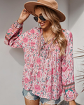 Evelyn boho-bluse til kvinder – blomstret mønster, V-udskæring og ballonærmer