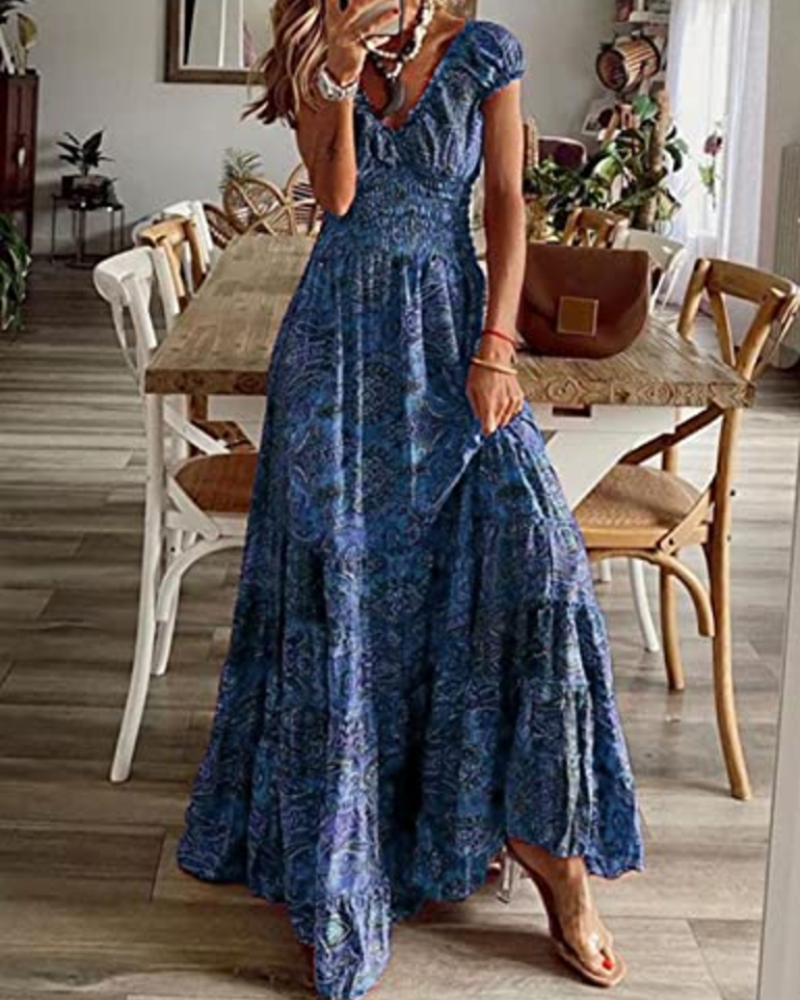 Rochie maxi de damă Keira – imprimeu floral boho, decolteu în V și talie elasticizată