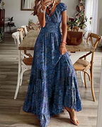 Rochie maxi de damă Keira – imprimeu floral boho, decolteu în V și talie elasticizată