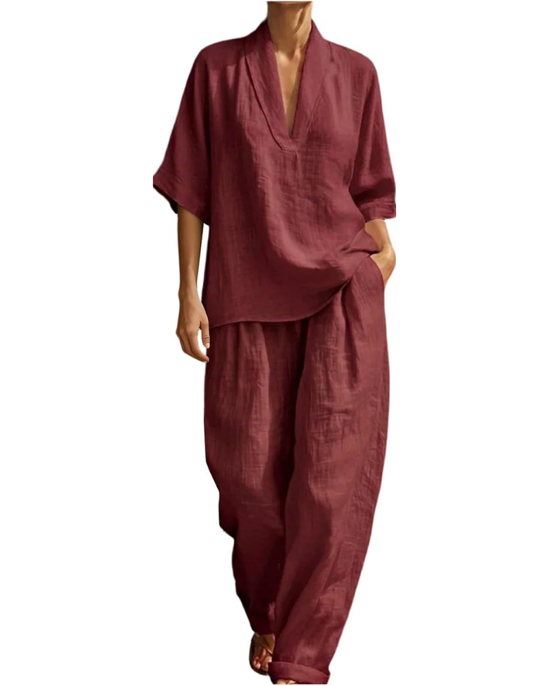 Conjunto Winona para mujer de lino: top con escote en V y pantalones palazzo con bolsillos