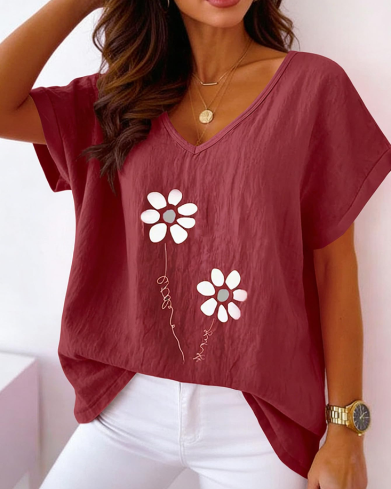 Gemma Camiseta de Mujer – Cuello en V, Estampado de Margaritas y Manga Corta