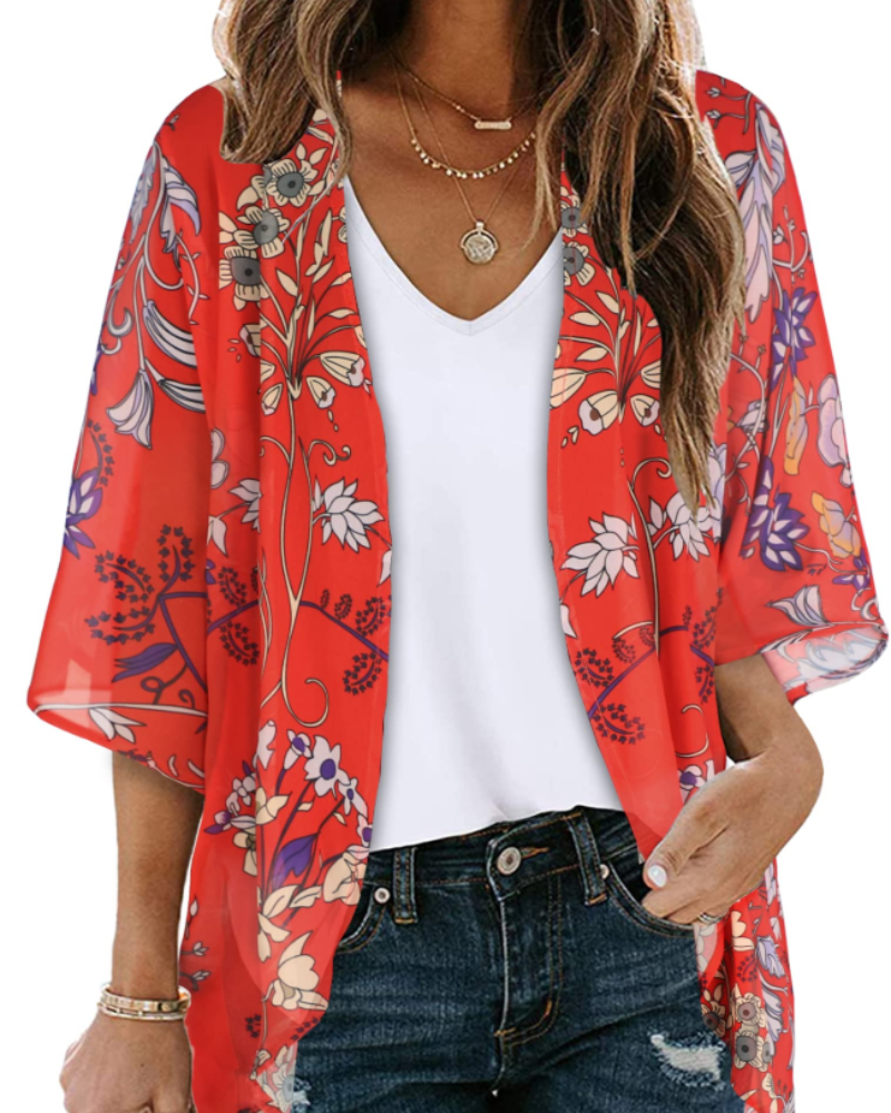 Kimono floral de mujer Avery – Chifón ligero, mangas cortas y corte holgado