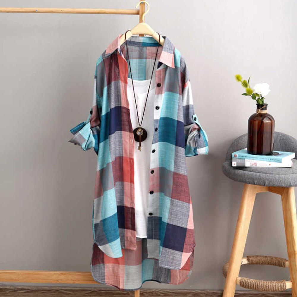 Josephine Camicia Donna in Lino – Fantasia a Quadri, Maniche Lunghe e Taglio Oversize
