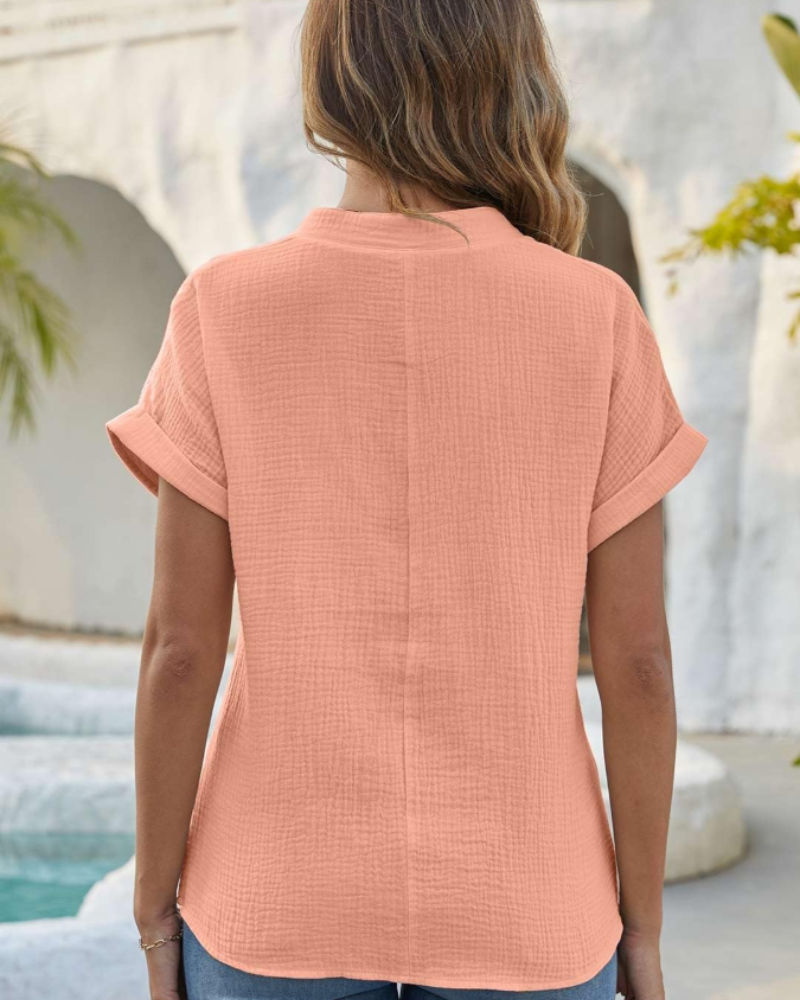 Evelyn Camiseta de mujer – Lino y algodón, escote en V con botones y mangas cortas