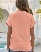 Evelyn Camiseta de mujer – Lino y algodón, escote en V con botones y mangas cortas