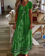 Robe longue pour femme Rosalie – Encolure en V, manches courtes, tissu extensible et style resort