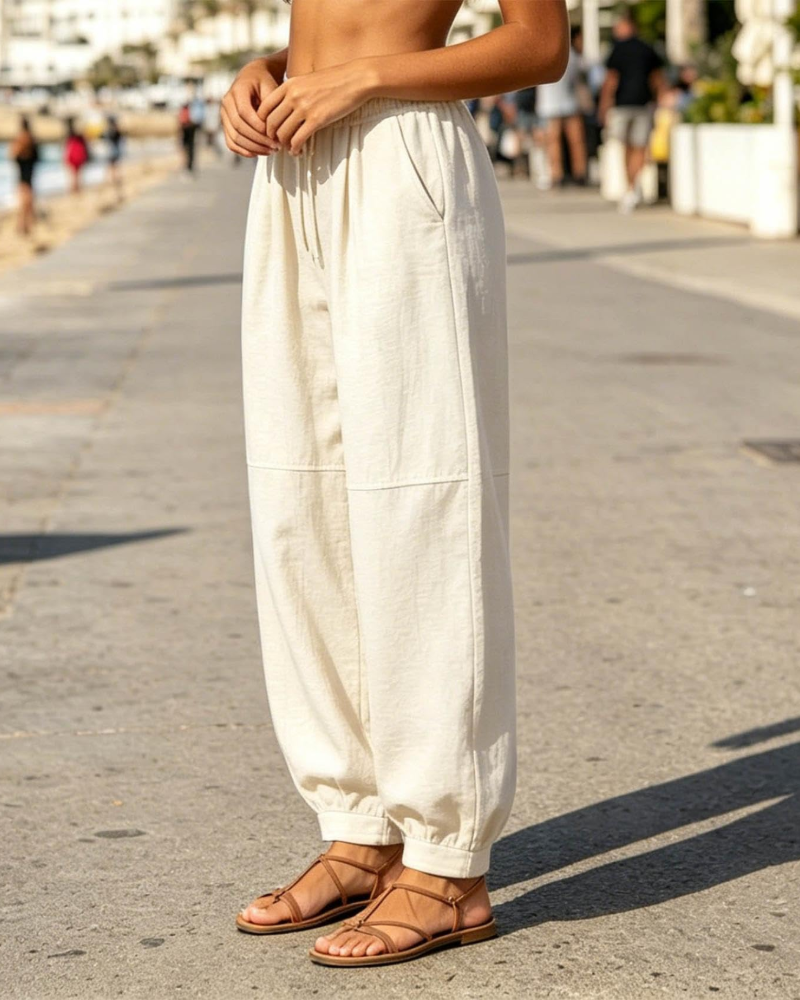 Madison Pantaloni Jogger Donna – Lino, Vita Elasticizzata, Polsini e Tasche Laterali