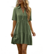 Courtney Vestido mini para mujer – Mezcla de lino, escote en V, botones y corte holgado