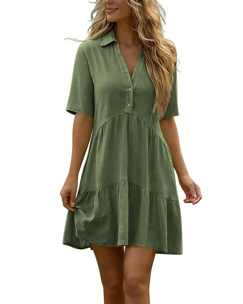 Courtney Vestido mini para mujer – Mezcla de lino, escote en V, botones y corte holgado