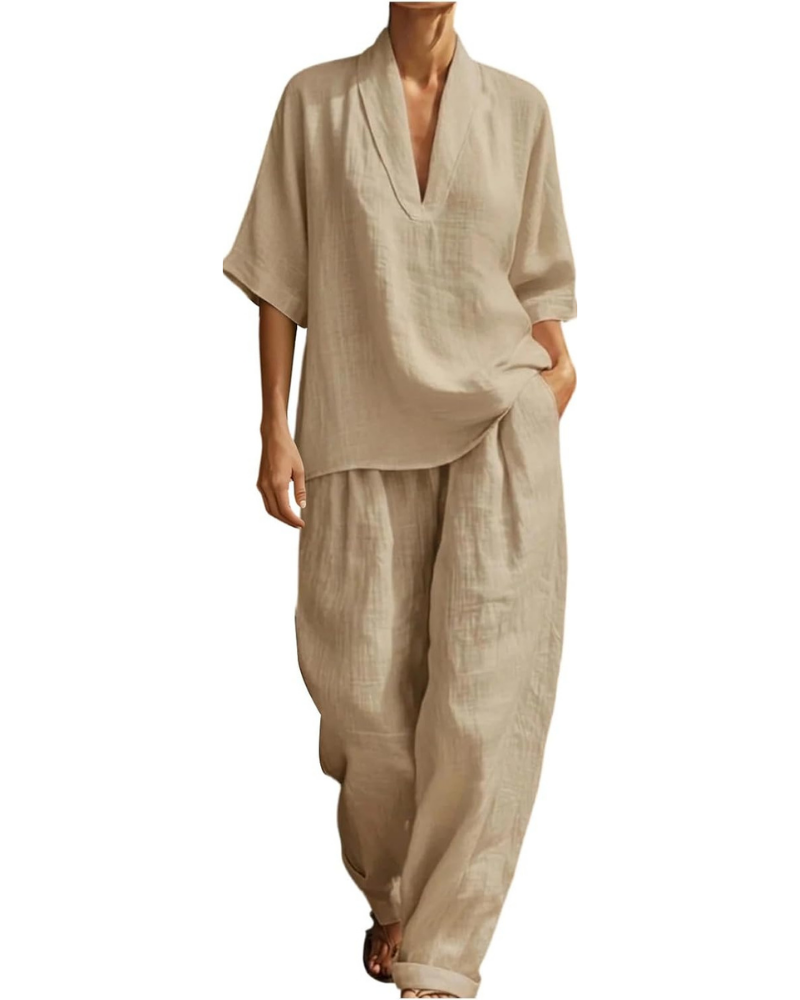 Conjunto Winona para mujer de lino: top con escote en V y pantalones palazzo con bolsillos